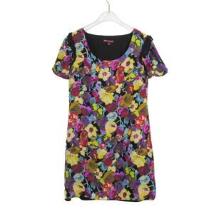 Y2k Betsey Johnson Multi Color Floral Print Short Sleeve Silk Mini Dress Size 4